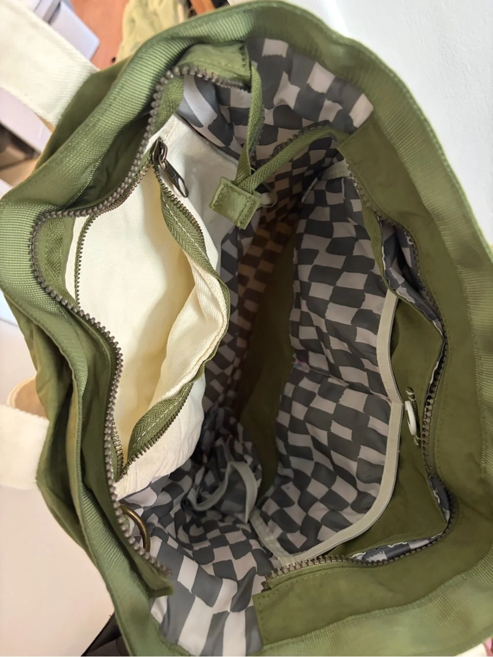Canvas Two-Tone Tote Bag in Olive Green and Cream